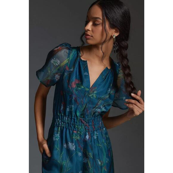 Anthropologie The Somerset Jumpsuit Silk Edition Blue Floral Size Small